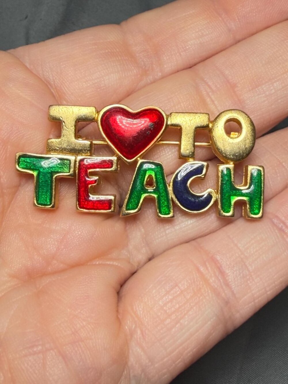 Teacher Brooch I Love To Teach Pin Red Heart Enamel Vintage Gold Tone